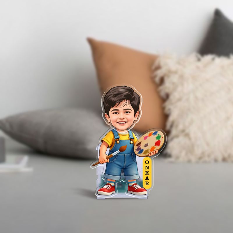 Personalized Artist Boy Bobblehead Caricature Standee with Battery Powered Shaking Head Feature Custom with Photo Acrylic & Name, Gift for Painter Artist & Painting Lovers